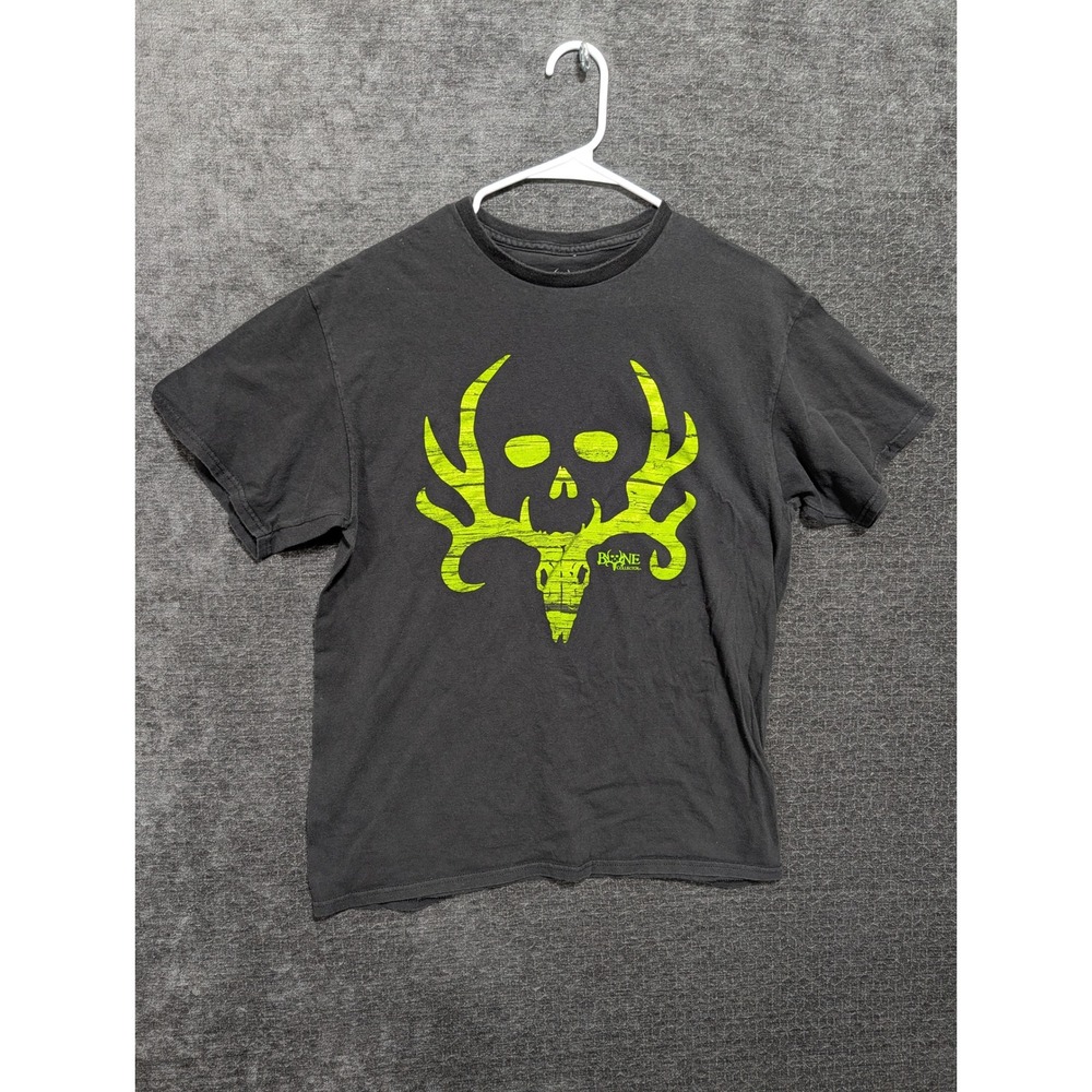 Bone Collector Mens Graphic T-Shirt Large Black Neon Green Deer Skull Antlers